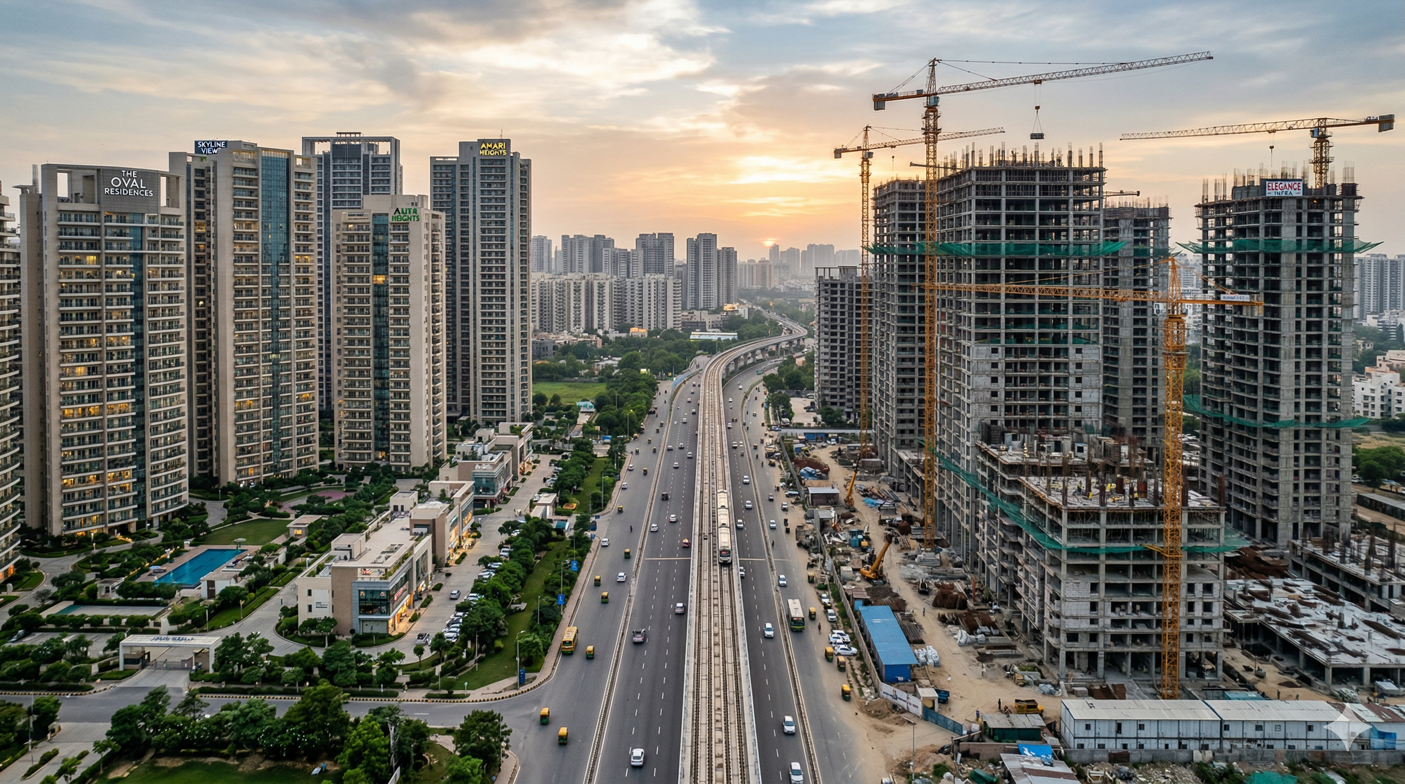 Ready vs Under Construction Flats Noida Ready to move vs under construction flats in Noida showing modern high rise buildings and new project construction