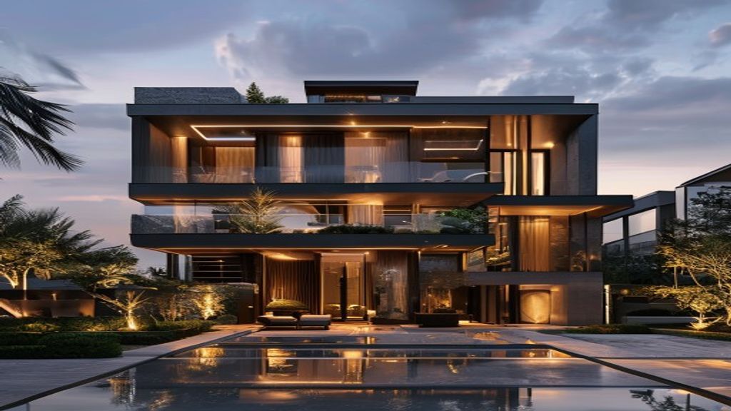 An ultra-luxury residential skyscraper in Delhi-NCR designed by an international architectural firm, featuring sleek glass facades and lush green terraces.