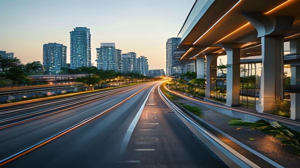 Modern high-rise luxury residential towers framing the newly completed Dwarka Expressway at twilight, representing modern NCR infrastructure.