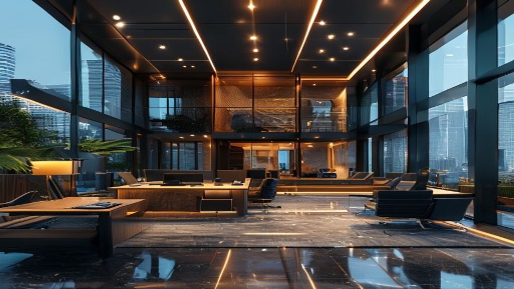 Architectural view of a modern glass-facade Grade-A commercial building in Gurugram, India.