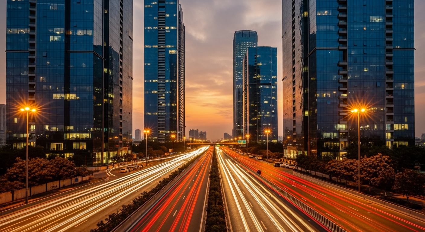Aerial view of a modern luxury high-rise development next to a multi-lane highway in Gurugram