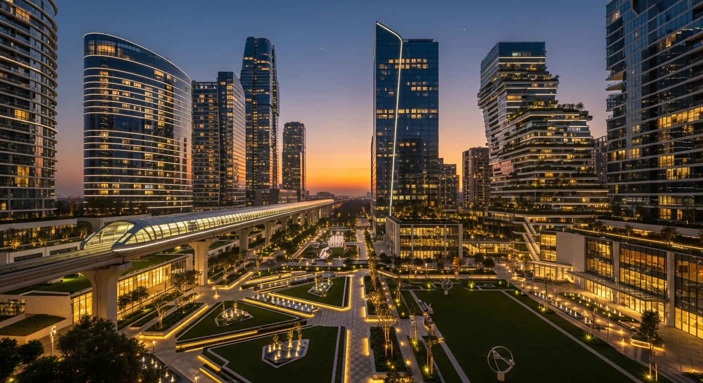 Rendering of high-speed train passing through a futuristic, green-scaped transit-oriented township in NCR