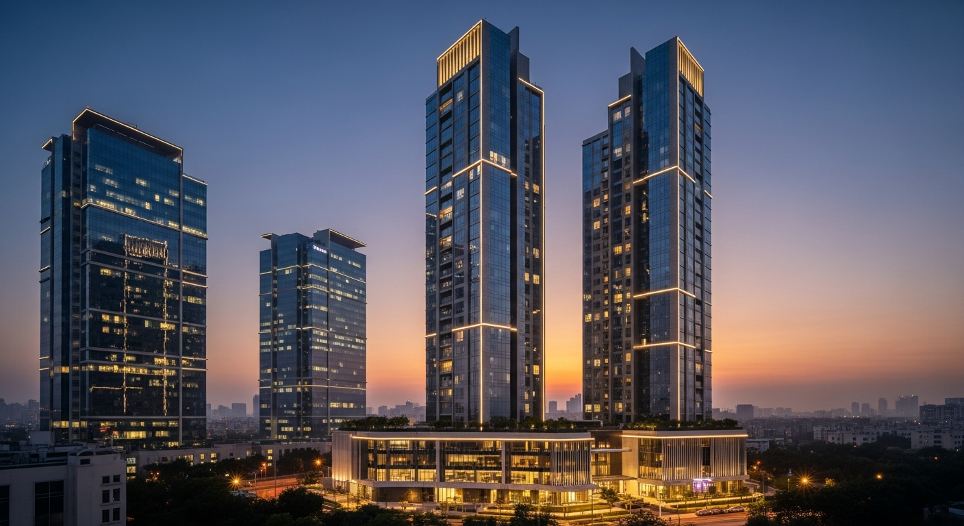 Aerial view of premium high-rise residential towers adjacent to modern glass commercial skyscrapers in Delhi NCR