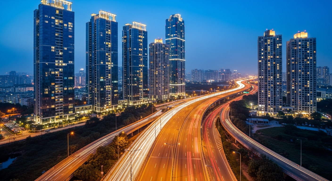 A wide aerial view of the modern 14-lane NH-9 smart expressway in NCR surrounded by premium high-rise residential towers during twilight